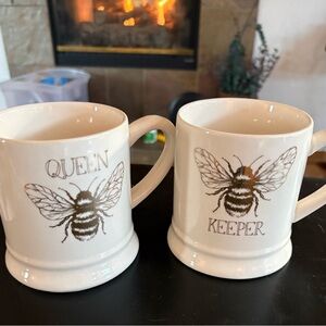 Queen Bee and Bee Keeper White and Gold Mugs Set of Two